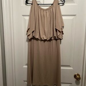 Jonathan Martin Beige Off-Shoulder Midi Dress